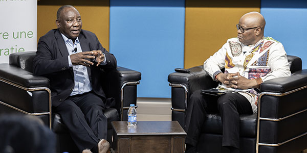 President Cyril Ramaphosa with Prof. Adebayo Olukoshi during the 2024 election dialogue hosted by the Wits School of Governance President Cyril Ramaphosa with Prof. Adebayo Olukoshi during the 2024 election dialogue hosted by the Wits School of Governance